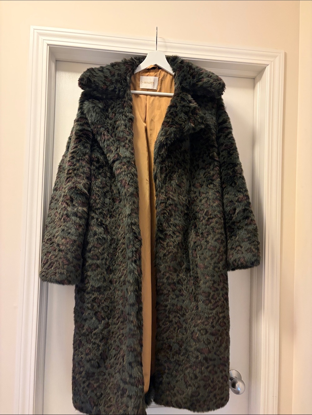 Aritzia Olive Green Leopard-Print Faux Fur Long Coat